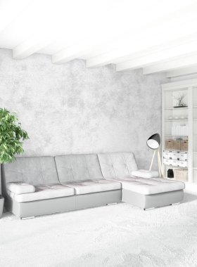 Beyaz yatak odası en az stil iç tasarım ahşap duvar ve gri Kanepeli. 3D render.