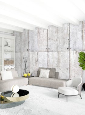 Beyaz yatak odası en az stil iç tasarım ahşap duvar ve gri Kanepeli. 3D render.