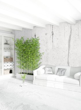 Beyaz yatak odası en az stil iç tasarım ahşap duvar ve gri Kanepeli. 3D render.