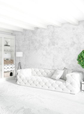 Beyaz yatak odası en az stil iç tasarım ahşap duvar ve gri Kanepeli. 3D render.