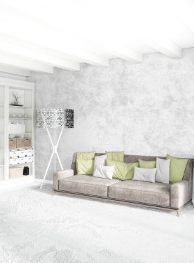 Beyaz yatak odası en az stil iç tasarım ahşap duvar ve gri Kanepeli. 3D render.