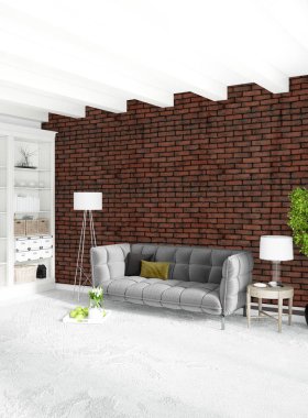 Beyaz yatak odası en az stil iç tasarım ahşap duvar ve gri Kanepeli. 3D render.