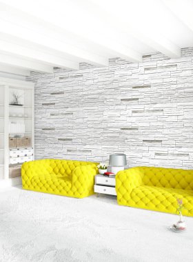 Modern yatak odası sarı kanepe lüks en az tarzı iç çatı tasarımı ile eklektik duvar. 3D render.