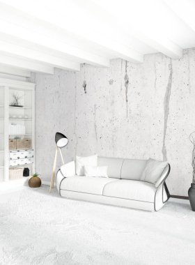 Beyaz yatak odası en az stil iç tasarım ahşap duvar ve gri Kanepeli. 3D render.