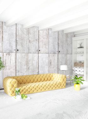 Modern yatak odası sarı kanepe lüks en az tarzı iç çatı tasarımı ile eklektik duvar. 3D render.