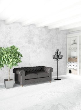 Beyaz yatak odası en az stil iç tasarım ahşap duvar ve gri Kanepeli. 3D render.