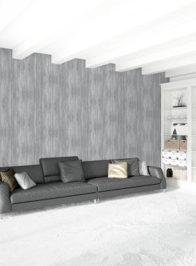 Beyaz yatak odası en az stil iç tasarım ahşap duvar ve gri Kanepeli. 3D render.