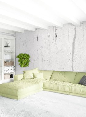 Beyaz yatak odası en az stil iç tasarım ahşap duvar ve gri Kanepeli. 3D render.