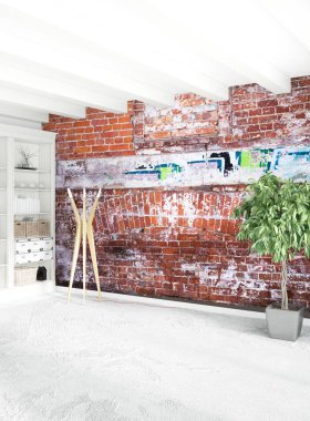 Beyaz yatak odası en az stil iç tasarım ahşap duvar ve gri Kanepeli. 3D render.