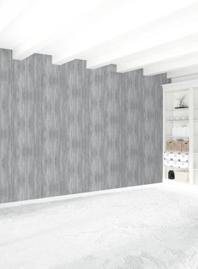 Beyaz yatak odası en az stil iç tasarım ahşap duvar ve gri Kanepeli. 3D render.