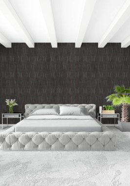 Beyaz yatak odası en az stil iç tasarım ahşap duvar ve gri Kanepeli. 3D render.