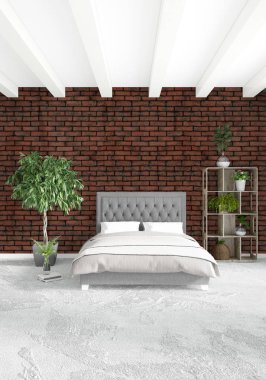 Beyaz yatak odası en az stil iç tasarım ahşap duvar ve gri Kanepeli. 3D render.