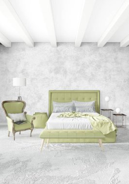 Beyaz yatak odası en az stil iç tasarım ahşap duvar ve gri Kanepeli. 3D render.