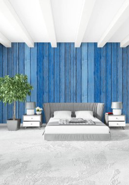 Beyaz yatak odası en az stil iç tasarım ahşap duvar ve gri Kanepeli. 3D render.