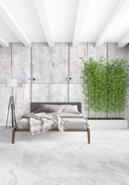 Beyaz yatak odası en az stil iç tasarım ahşap duvar ve gri Kanepeli. 3D render.