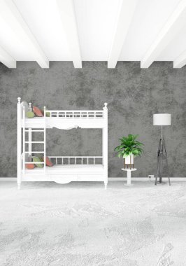 Beyaz yatak odası en az stil iç tasarım ahşap duvar ve gri Kanepeli. 3D render.