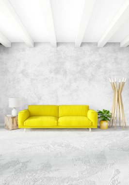 Modern yatak odası sarı kanepe lüks en az tarzı iç çatı tasarımı ile eklektik duvar. 3D render.