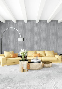 Modern yatak odası sarı kanepe lüks en az tarzı iç çatı tasarımı ile eklektik duvar. 3D render.