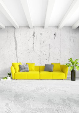 Modern yatak odası sarı kanepe lüks en az tarzı iç çatı tasarımı ile eklektik duvar. 3D render.