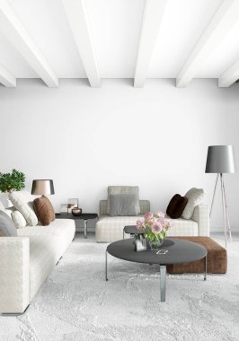 Beyaz yatak odası en az stil iç tasarım ahşap duvar ve gri Kanepeli. 3D render.