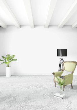 Beyaz yatak odası en az stil iç tasarım ahşap duvar ve gri Kanepeli. 3D render.