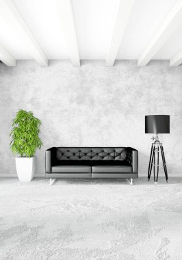 Beyaz yatak odası en az stil iç tasarım ahşap duvar ve gri Kanepeli. 3D render.