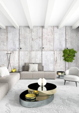 Beyaz yatak odası en az stil iç tasarım ahşap duvar ve gri Kanepeli. 3D render.