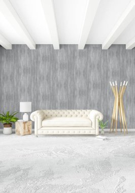 Beyaz yatak odası en az stil iç tasarım ahşap duvar ve gri Kanepeli. 3D render.