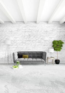 Beyaz yatak odası en az stil iç tasarım ahşap duvar ve gri Kanepeli. 3D render.