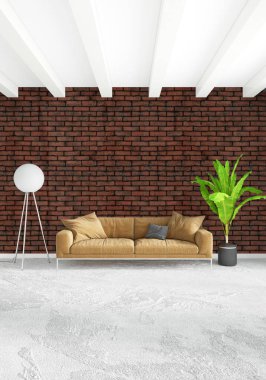 Beyaz yatak odası en az stil iç tasarım ahşap duvar ve gri Kanepeli. 3D render.