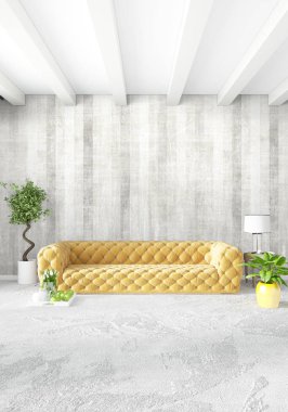 Modern yatak odası sarı kanepe lüks en az tarzı iç çatı tasarımı ile eklektik duvar. 3D render.