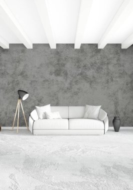 Beyaz yatak odası en az stil iç tasarım ahşap duvar ve gri Kanepeli. 3D render.