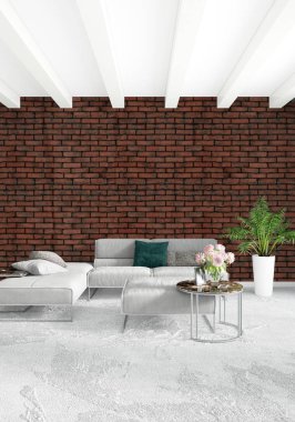 Beyaz yatak odası en az stil iç tasarım ahşap duvar ve gri Kanepeli. 3D render.