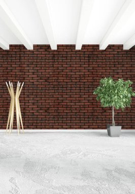 Beyaz yatak odası en az stil iç tasarım ahşap duvar ve gri Kanepeli. 3D render.