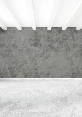 Beyaz yatak odası en az stil iç tasarım ahşap duvar ve gri Kanepeli. 3D render.