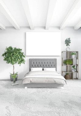 Beyaz yatak odası en az stil iç tasarım ahşap duvar ve gri Kanepeli. 3D render.