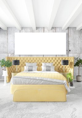 Modern yatak odası sarı kanepe lüks en az tarzı iç çatı tasarımı ile eklektik duvar. 3D render.