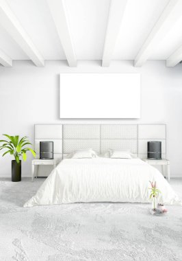 Beyaz yatak odası en az stil iç tasarım ahşap duvar ve gri Kanepeli. 3D render.