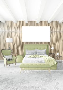 Beyaz yatak odası en az stil iç tasarım ahşap duvar ve gri Kanepeli. 3D render.