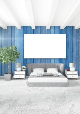 Beyaz yatak odası en az stil iç tasarım ahşap duvar ve gri Kanepeli. 3D render.