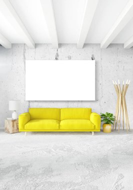 Modern yatak odası sarı kanepe lüks en az tarzı iç çatı tasarımı ile eklektik duvar. 3D render.