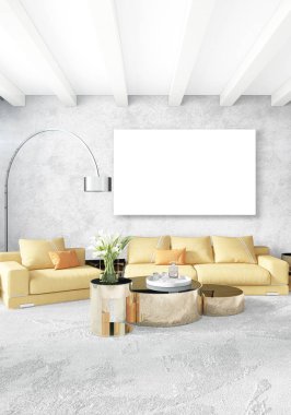 Modern yatak odası sarı kanepe lüks en az tarzı iç çatı tasarımı ile eklektik duvar. 3D render.