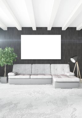 Beyaz yatak odası en az stil iç tasarım ahşap duvar ve gri Kanepeli. 3D render.