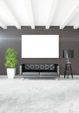 Beyaz yatak odası en az stil iç tasarım ahşap duvar ve gri Kanepeli. 3D render.