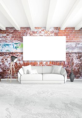 Beyaz yatak odası en az stil iç tasarım ahşap duvar ve gri Kanepeli. 3D render.