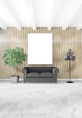 Beyaz yatak odası en az stil iç tasarım ahşap duvar ve gri Kanepeli. 3D render.