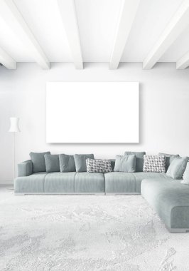 Beyaz yatak odası en az stil iç tasarım ahşap duvar ve gri Kanepeli. 3D render.