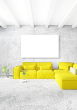 Beyaz yatak odası en az stil iç tasarım ahşap duvar ve gri Kanepeli. 3D render.