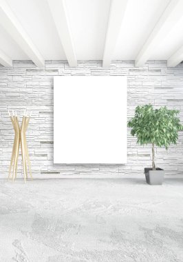 Beyaz yatak odası en az stil iç tasarım ahşap duvar ve gri Kanepeli. 3D render.