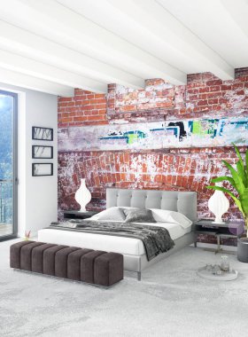 Beyaz yatak odası en az stil iç tasarım ahşap duvar ve gri Kanepeli. 3D render.